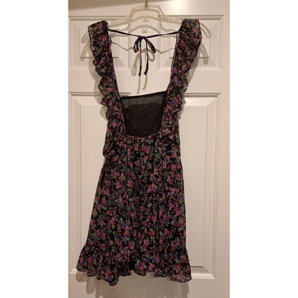 NWT Zara Black & Pink Floral Ruffle Square Neck Mini Dress Size Medium - Picture 2 of 8